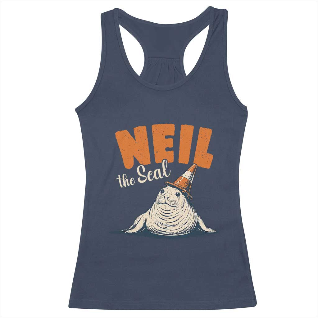 Vintage Neil the Seal Wearing Traffic Cone Hat Meme Racerback Tank Top Cute Retro Viral Chaotic Southern Elephant Seal TS02 Navy Print Your Wear
