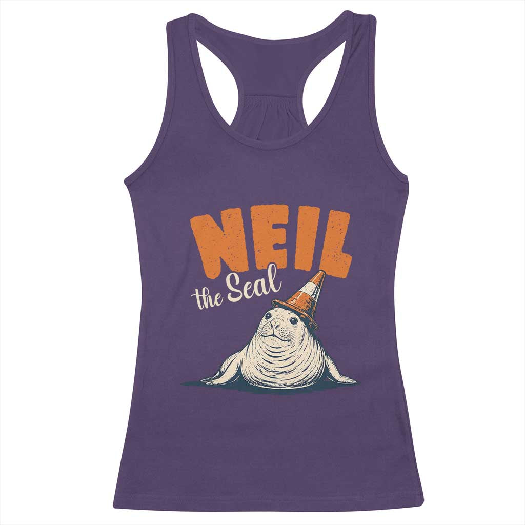Vintage Neil the Seal Wearing Traffic Cone Hat Meme Racerback Tank Top Cute Retro Viral Chaotic Southern Elephant Seal TS02 Purple Print Your Wear