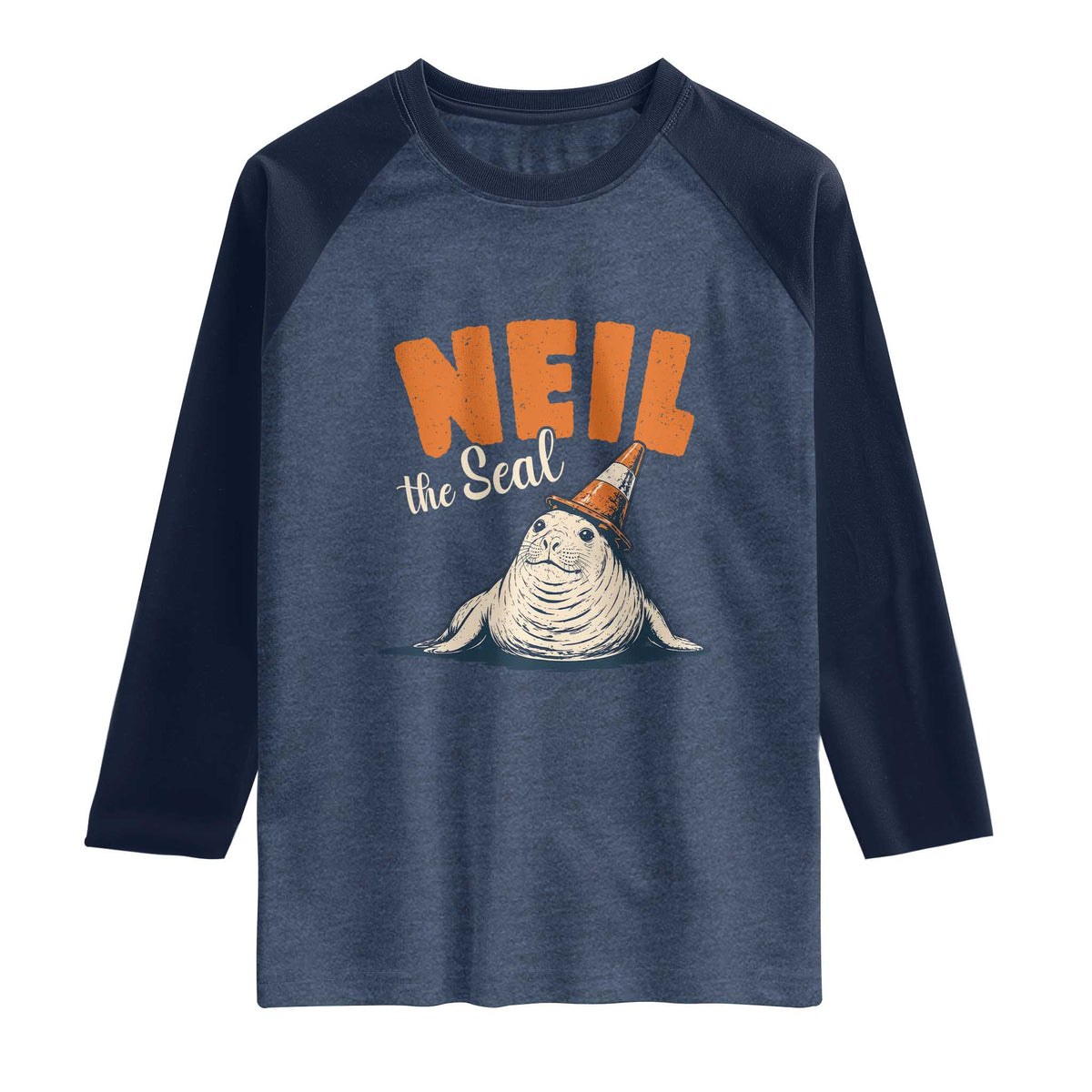 Vintage Neil the Seal Wearing Traffic Cone Hat Meme Raglan Shirt Cute Retro Viral Chaotic Southern Elephant Seal TS02 Heather Denim Navy Print Your Wear
