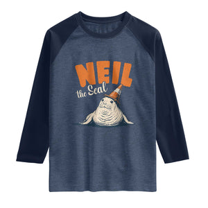 Vintage Neil the Seal Wearing Traffic Cone Hat Meme Raglan Shirt Cute Retro Viral Chaotic Southern Elephant Seal TS02 Heather Denim Navy Print Your Wear