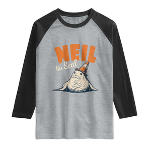 Vintage Neil the Seal Wearing Traffic Cone Hat Meme Raglan Shirt Cute Retro Viral Chaotic Southern Elephant Seal TS02 Heather Gray Black Print Your Wear