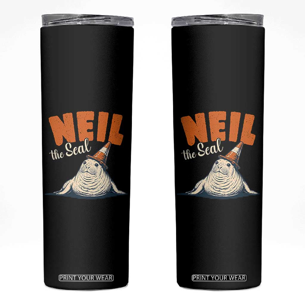 Vintage Neil the Seal Wearing Traffic Cone Hat Meme Skinny Tumbler Cute Retro Viral Chaotic Southern Elephant Seal TS02 Black Print Your Wear