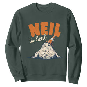 Vintage Neil the Seal Wearing Traffic Cone Hat Meme Sweatshirt Cute Retro Viral Chaotic Southern Elephant Seal TS02 Dark Forest Green Print Your Wear