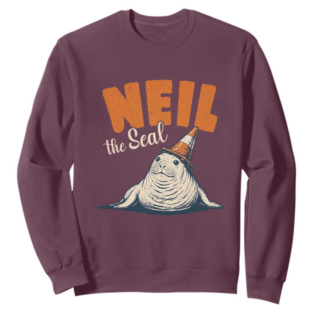 Vintage Neil the Seal Wearing Traffic Cone Hat Meme Sweatshirt Cute Retro Viral Chaotic Southern Elephant Seal TS02 Maroon Print Your Wear