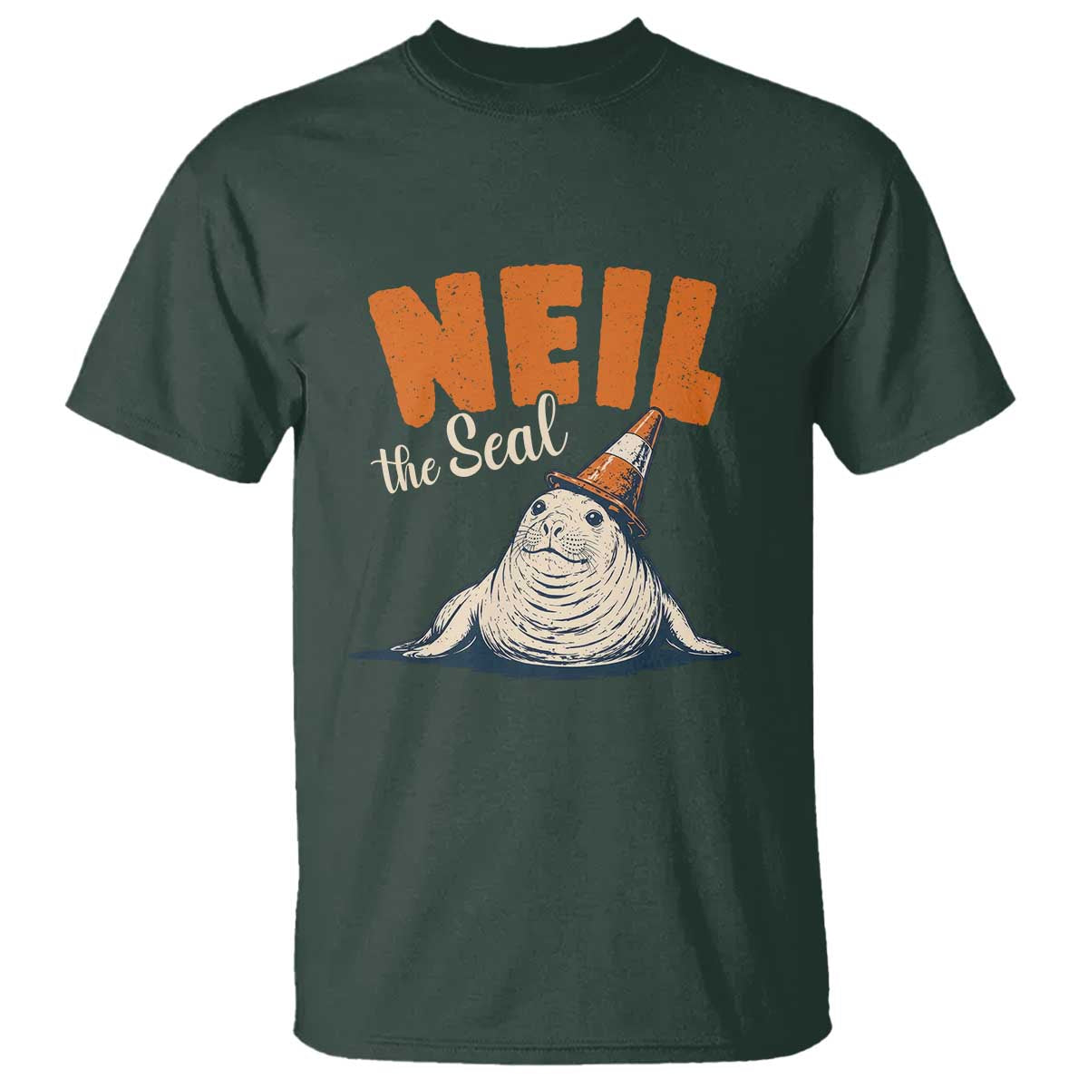 Vintage Neil the Seal Wearing Traffic Cone Hat Meme T Shirt Cute Retro Viral Chaotic Southern Elephant Seal TS02 Dark Forest Green Print Your Wear