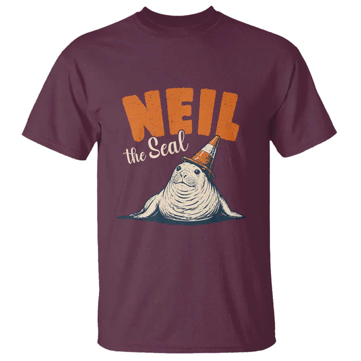 Vintage Neil the Seal Wearing Traffic Cone Hat Meme T Shirt Cute Retro Viral Chaotic Southern Elephant Seal TS02 Maroon Print Your Wear