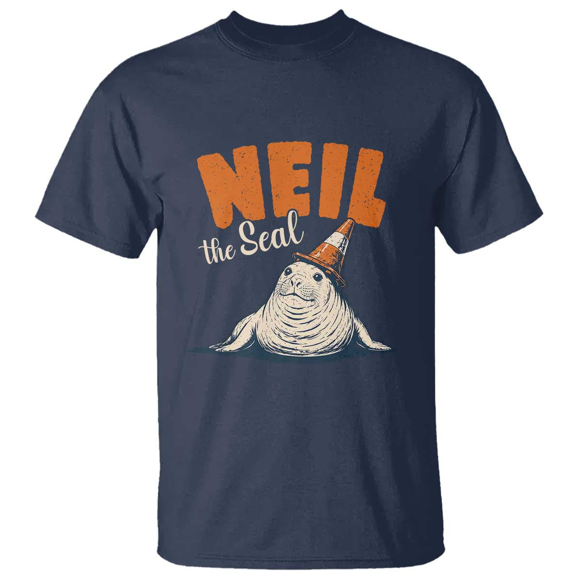 Vintage Neil the Seal Wearing Traffic Cone Hat Meme T Shirt Cute Retro Viral Chaotic Southern Elephant Seal TS02 Navy Print Your Wear