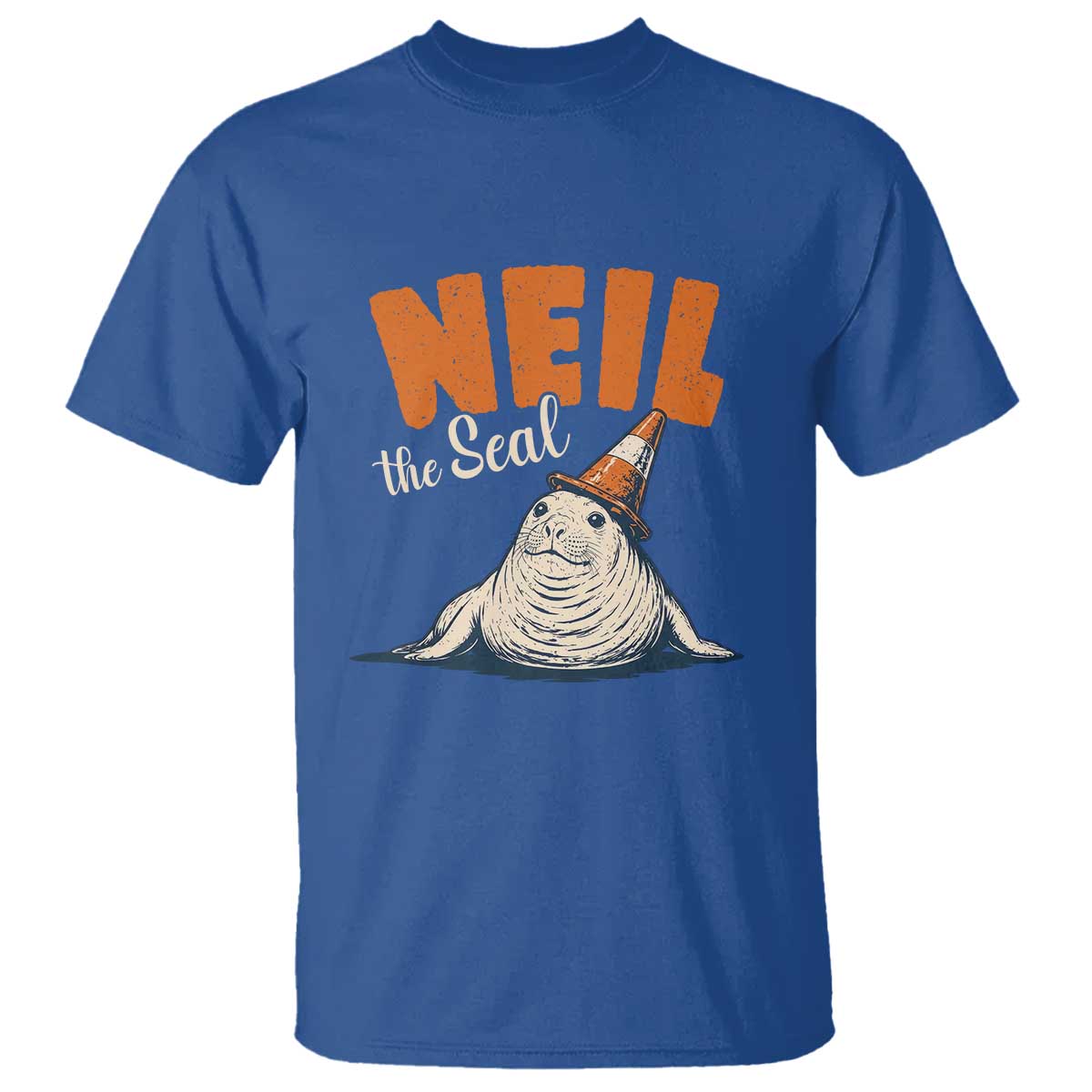 Vintage Neil the Seal Wearing Traffic Cone Hat Meme T Shirt Cute Retro Viral Chaotic Southern Elephant Seal TS02 Royal Blue Print Your Wear