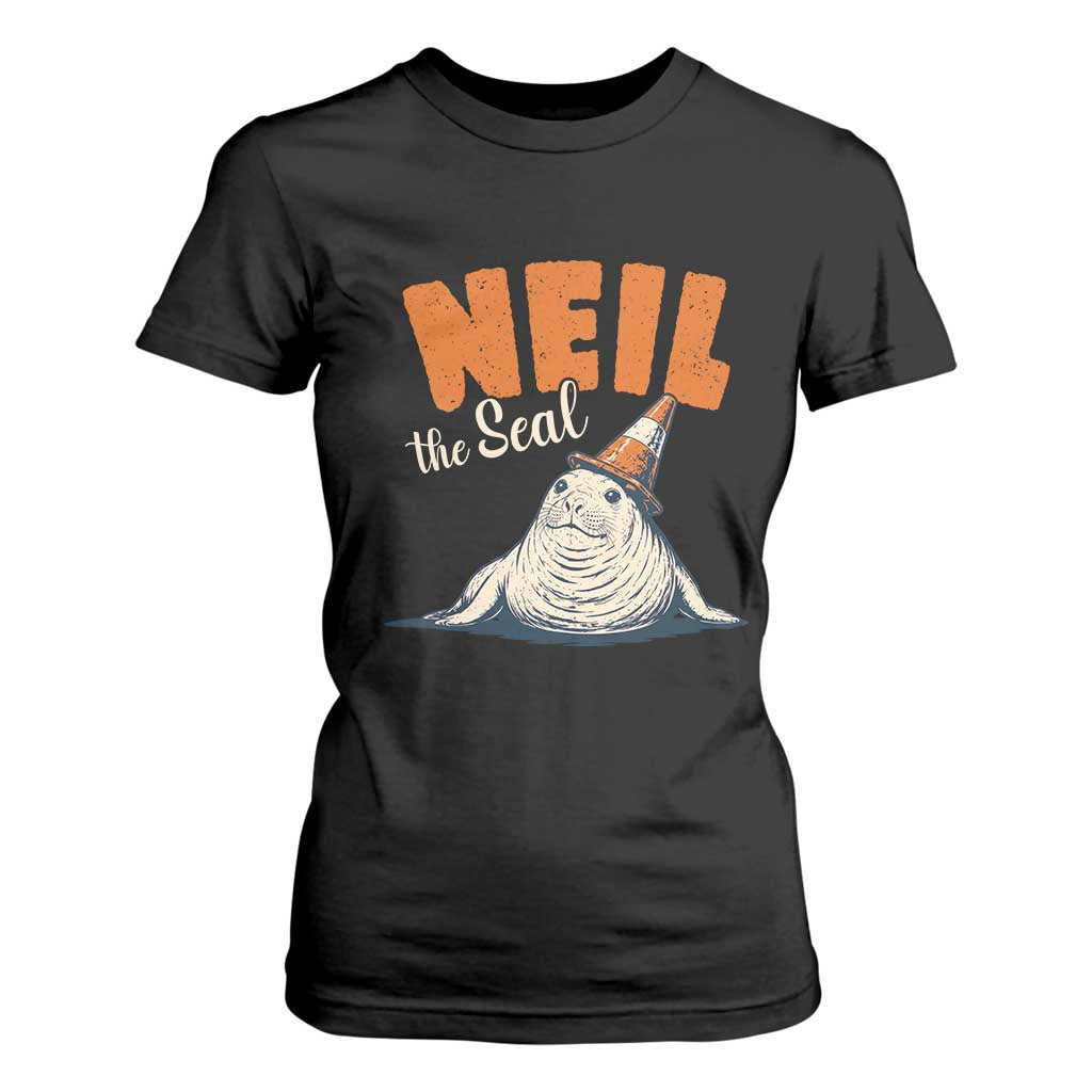 Vintage Neil the Seal Wearing Traffic Cone Hat Meme T Shirt For Women Cute Retro Viral Chaotic Southern Elephant Seal TS02 Black Print Your Wear