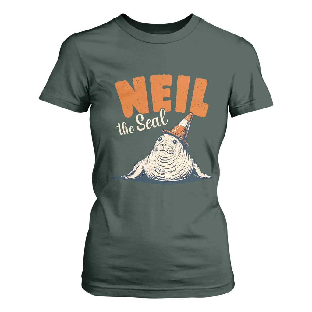 Vintage Neil the Seal Wearing Traffic Cone Hat Meme T Shirt For Women Cute Retro Viral Chaotic Southern Elephant Seal TS02 Dark Forest Green Print Your Wear
