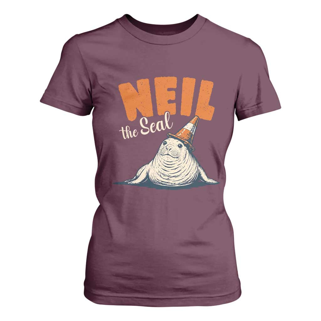 Vintage Neil the Seal Wearing Traffic Cone Hat Meme T Shirt For Women Cute Retro Viral Chaotic Southern Elephant Seal TS02 Maroon Print Your Wear