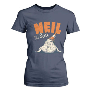 Vintage Neil the Seal Wearing Traffic Cone Hat Meme T Shirt For Women Cute Retro Viral Chaotic Southern Elephant Seal TS02 Navy Print Your Wear