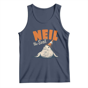 Vintage Neil the Seal Wearing Traffic Cone Hat Meme Tank Top Cute Retro Viral Chaotic Southern Elephant Seal TS02 Navy Print Your Wear