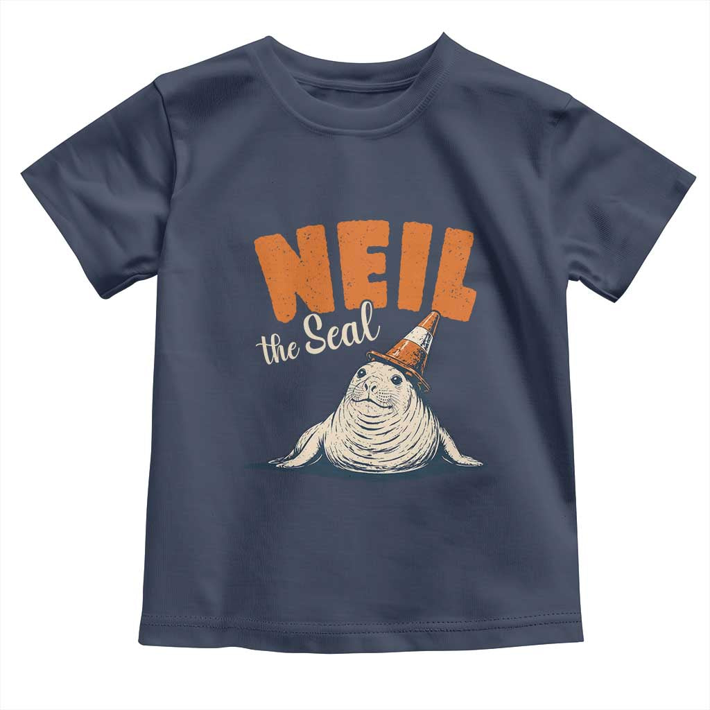 Vintage Neil the Seal Wearing Traffic Cone Hat Meme Toddler T Shirt Cute Retro Viral Chaotic Southern Elephant Seal TS02 Navy Print Your Wear