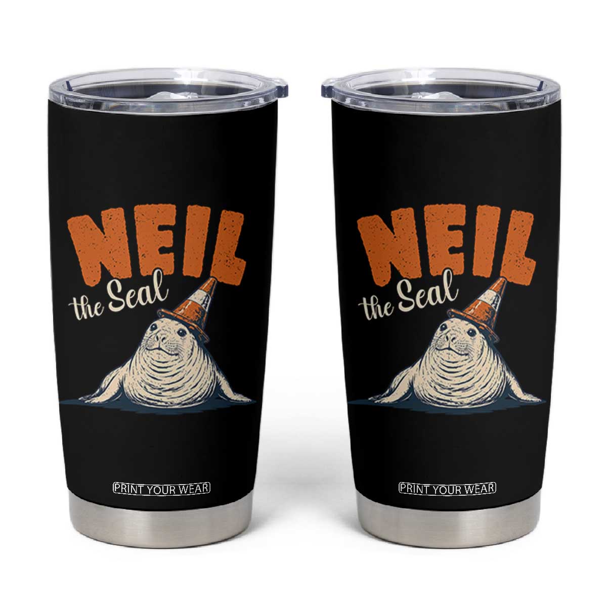 Vintage Neil the Seal Wearing Traffic Cone Hat Meme Tumbler Cup Cute Retro Viral Chaotic Southern Elephant Seal TS02 Black Print Your Wear