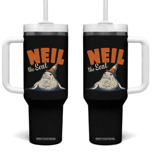 Vintage Neil the Seal Wearing Traffic Cone Hat Meme Tumbler With Handle Cute Retro Viral Chaotic Southern Elephant Seal TS02 One Size: 40 oz Black Print Your Wear