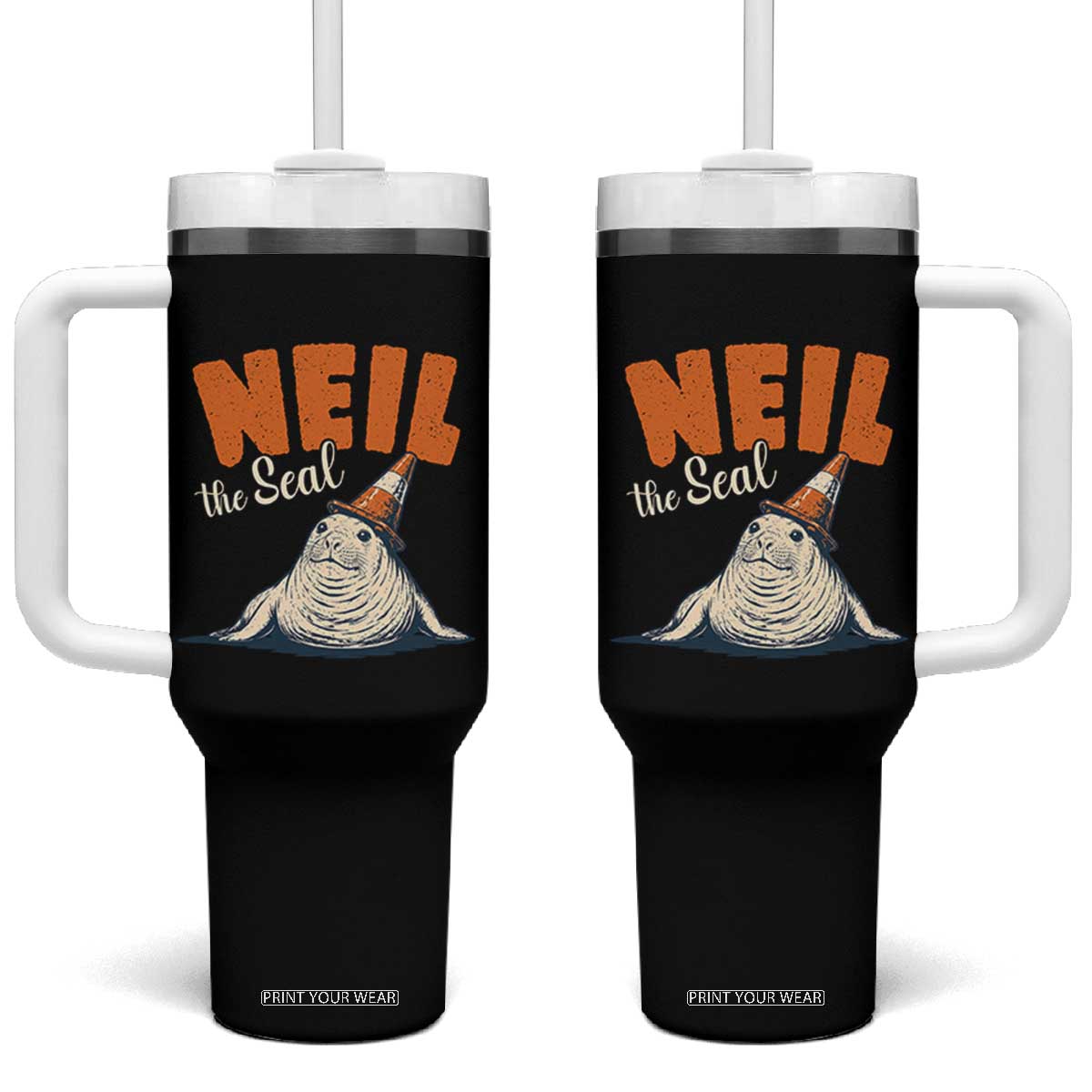 Vintage Neil the Seal Wearing Traffic Cone Hat Meme Tumbler With Handle Cute Retro Viral Chaotic Southern Elephant Seal TS02 One Size: 40 oz Black Print Your Wear