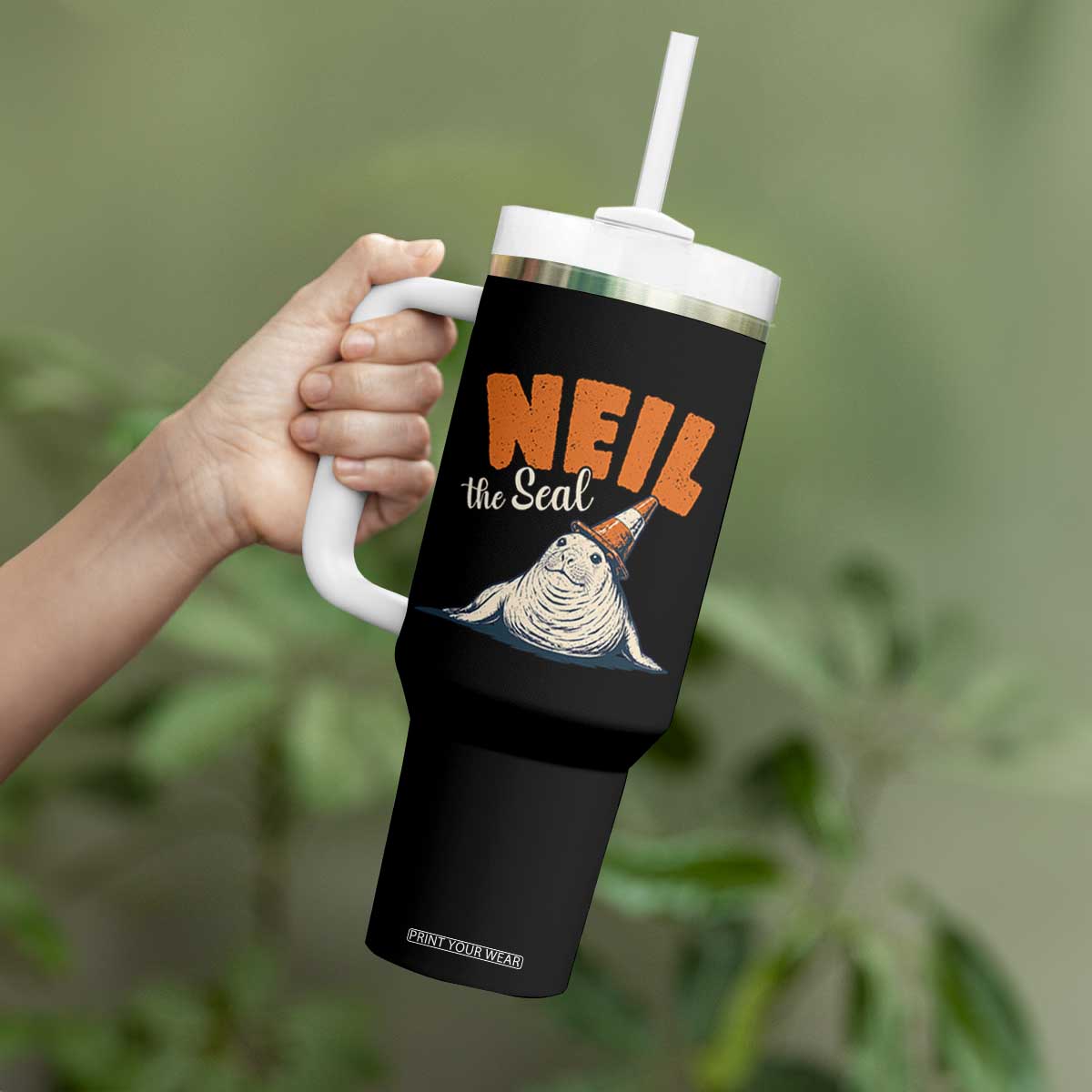 Vintage Neil the Seal Wearing Traffic Cone Hat Meme Tumbler With Handle Cute Retro Viral Chaotic Southern Elephant Seal TS02 Print Your Wear