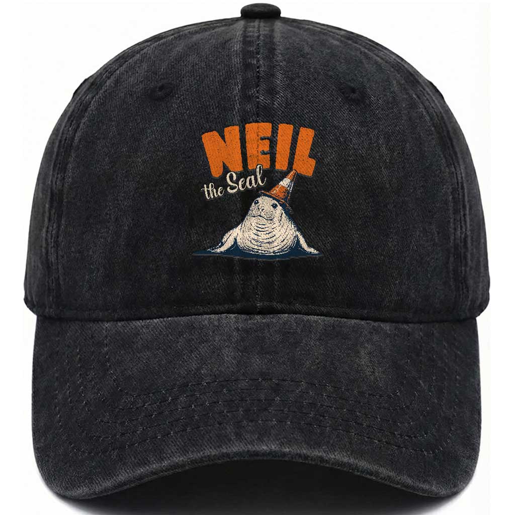 Vintage Neil the Seal Wearing Traffic Cone Hat Meme Washed Cotton Baseball Cap Cute Retro Viral Chaotic Southern Elephant Seal TS02 Print Your Wear