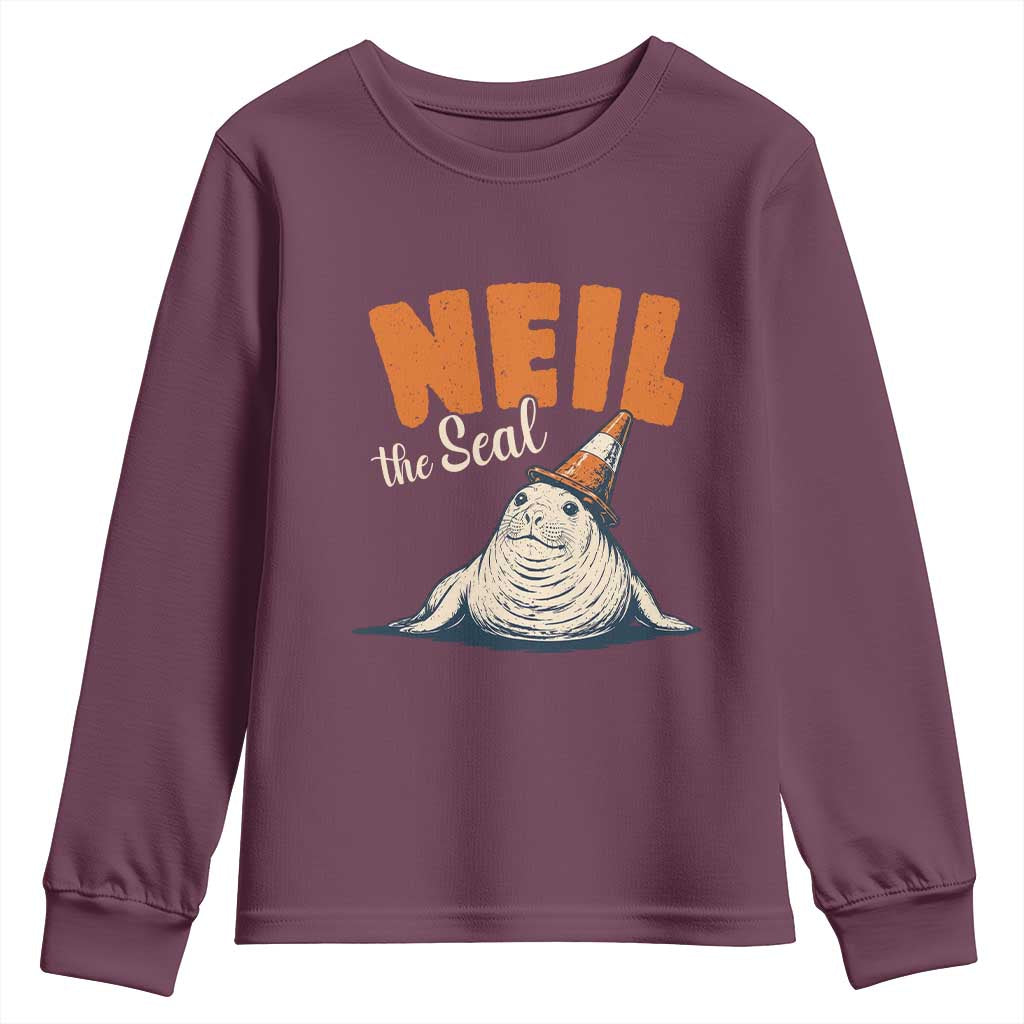 Vintage Neil the Seal Wearing Traffic Cone Hat Meme Youth Sweatshirt Cute Retro Viral Chaotic Southern Elephant Seal TS02 Maroon Print Your Wear