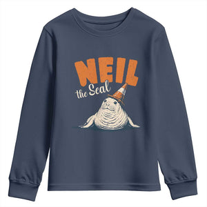 Vintage Neil the Seal Wearing Traffic Cone Hat Meme Youth Sweatshirt Cute Retro Viral Chaotic Southern Elephant Seal TS02 Navy Print Your Wear