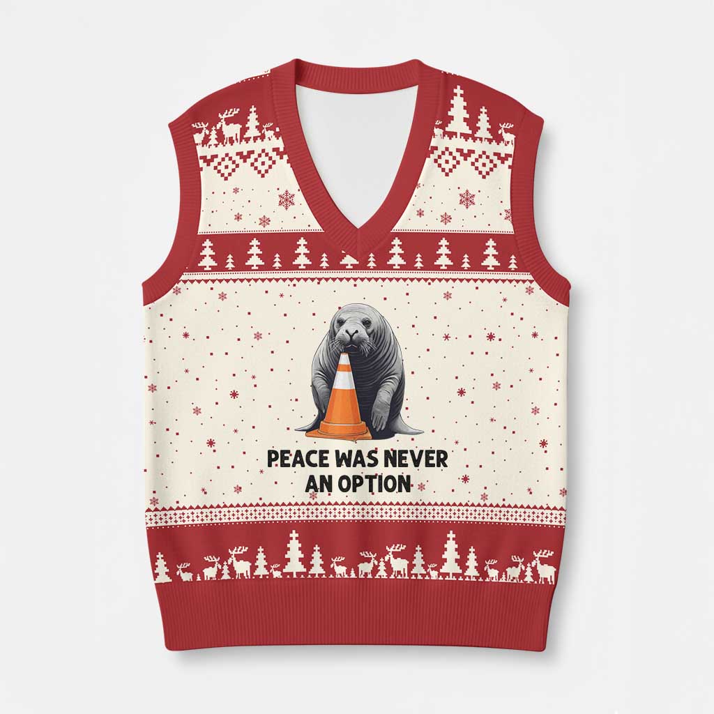 Funny Neil the Seal Peace Was Never An Option Meme V-Neck Knit Sweater Vest Chaotic Southern Elephant Seal Traffic Cone TS02 Beige Red Print Your Wear