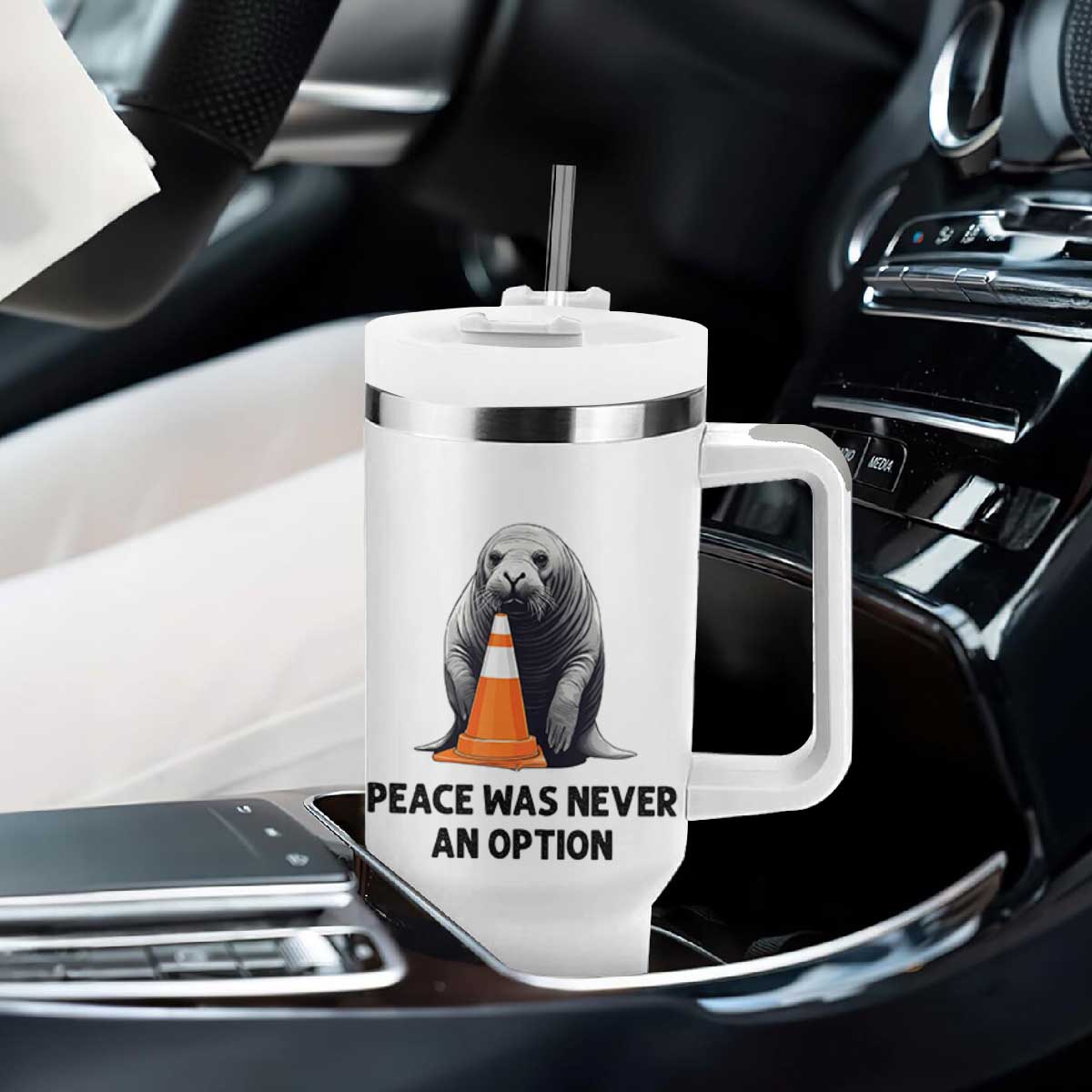 Funny Neil the Seal Peace Was Never An Option Meme Tumbler With Handle Chaotic Southern Elephant Seal Traffic Cone TS02 Print Your Wear