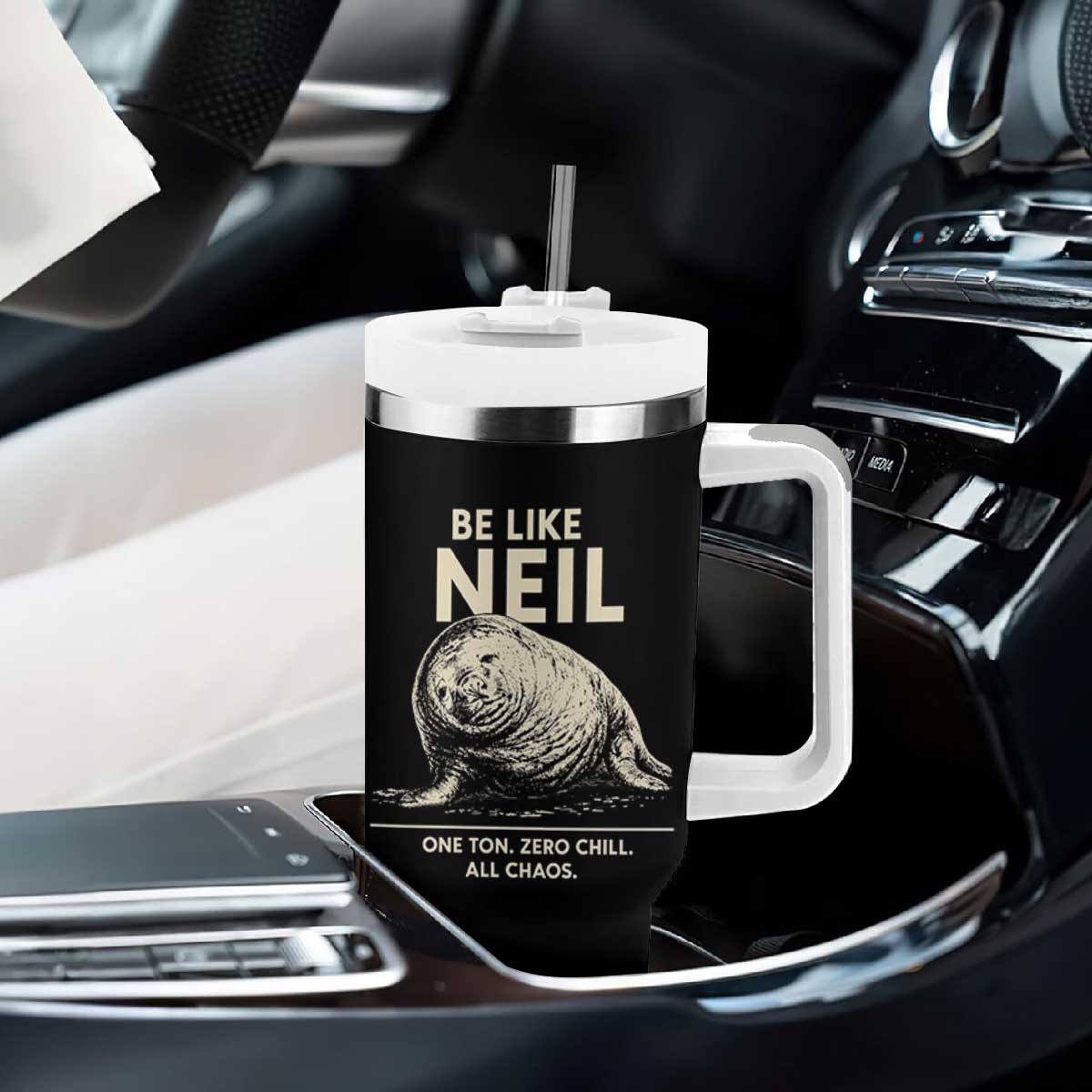 Be Like Neil the Seal One Ton Zero Chill All Chaos Tumbler With Handle Sarcastic Viral Chaotic Elephant Seal Meme Life Advice TS02 Print Your Wear