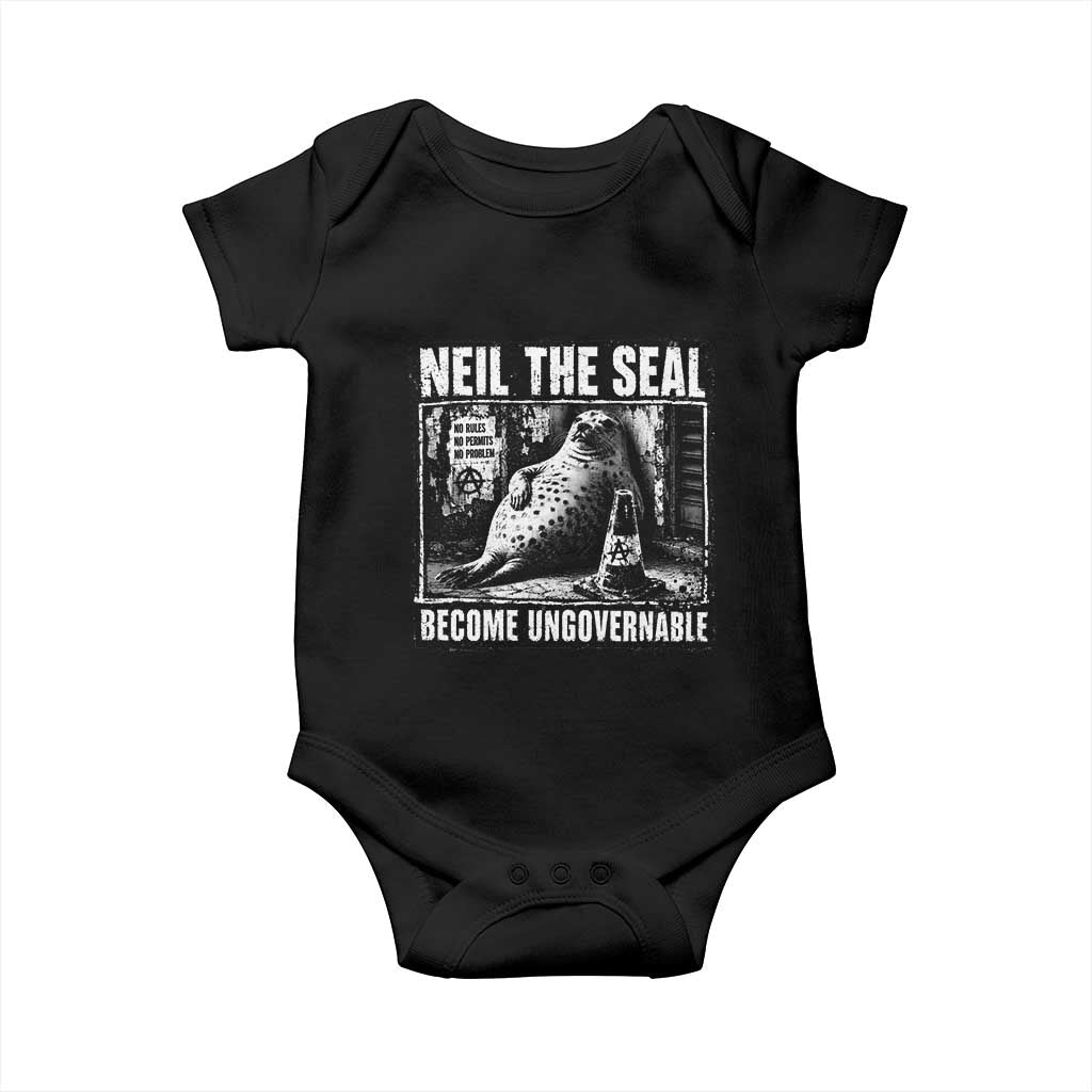 Punk Rock Neil the Seal Become Ungovernable Poster Style Baby Onesie Funny Viral Chaotic Elephant Seal Traffic Cone Meme TS02 Black Print Your Wear