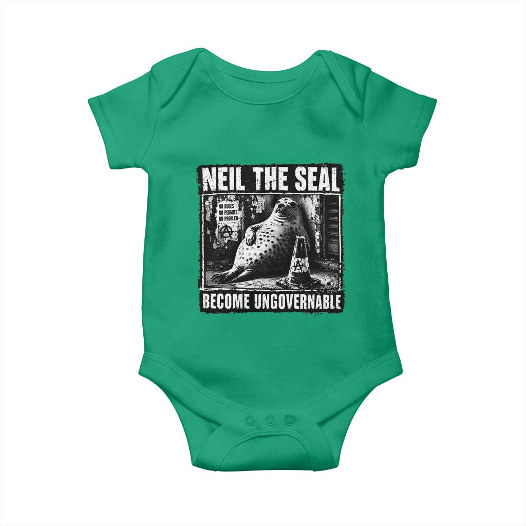 Punk Rock Neil the Seal Become Ungovernable Poster Style Baby Onesie Funny Viral Chaotic Elephant Seal Traffic Cone Meme TS02 Irish Green Print Your Wear