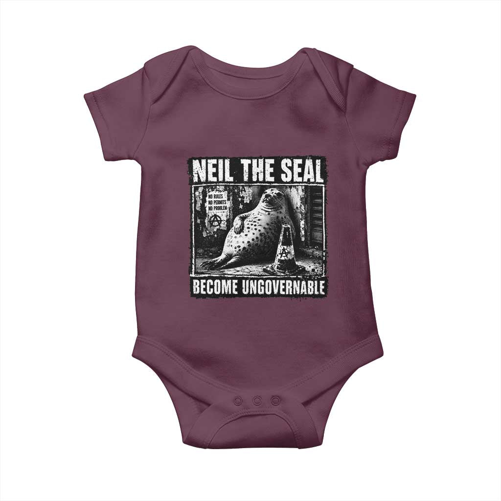 Punk Rock Neil the Seal Become Ungovernable Poster Style Baby Onesie Funny Viral Chaotic Elephant Seal Traffic Cone Meme TS02 Maroon Print Your Wear