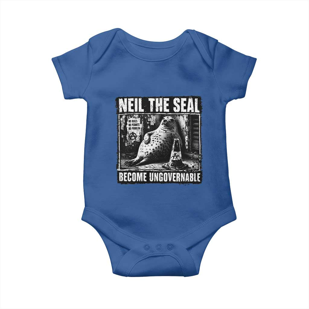 Punk Rock Neil the Seal Become Ungovernable Poster Style Baby Onesie Funny Viral Chaotic Elephant Seal Traffic Cone Meme TS02 Royal Blue Print Your Wear