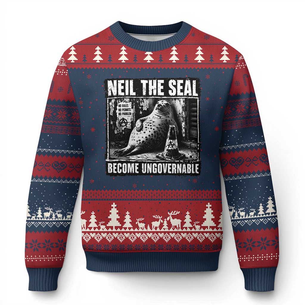 Punk Rock Neil the Seal Become Ungovernable Poster Style Ugly Christmas Sweater Funny Viral Chaotic Elephant Seal Traffic Cone Meme TS02 Navy Red Print Your Wear