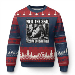 Punk Rock Neil the Seal Become Ungovernable Poster Style Ugly Christmas Sweater Funny Viral Chaotic Elephant Seal Traffic Cone Meme TS02 Navy Red Print Your Wear