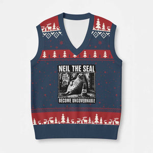 Punk Rock Neil the Seal Become Ungovernable Poster Style V-Neck Knit Sweater Vest Funny Viral Chaotic Elephant Seal Traffic Cone Meme TS02 Navy Red Print Your Wear