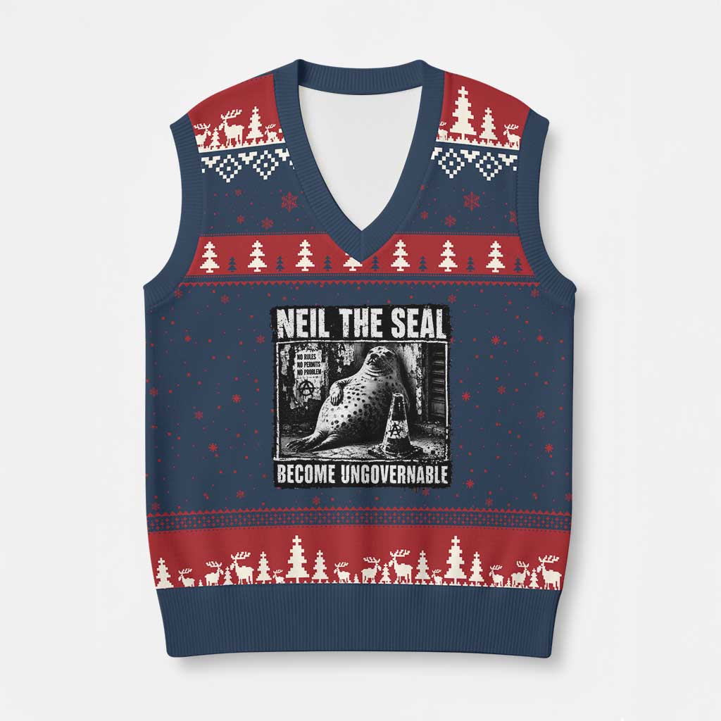 Punk Rock Neil the Seal Become Ungovernable Poster Style V-Neck Knit Sweater Vest Funny Viral Chaotic Elephant Seal Traffic Cone Meme TS02 Navy Red Print Your Wear