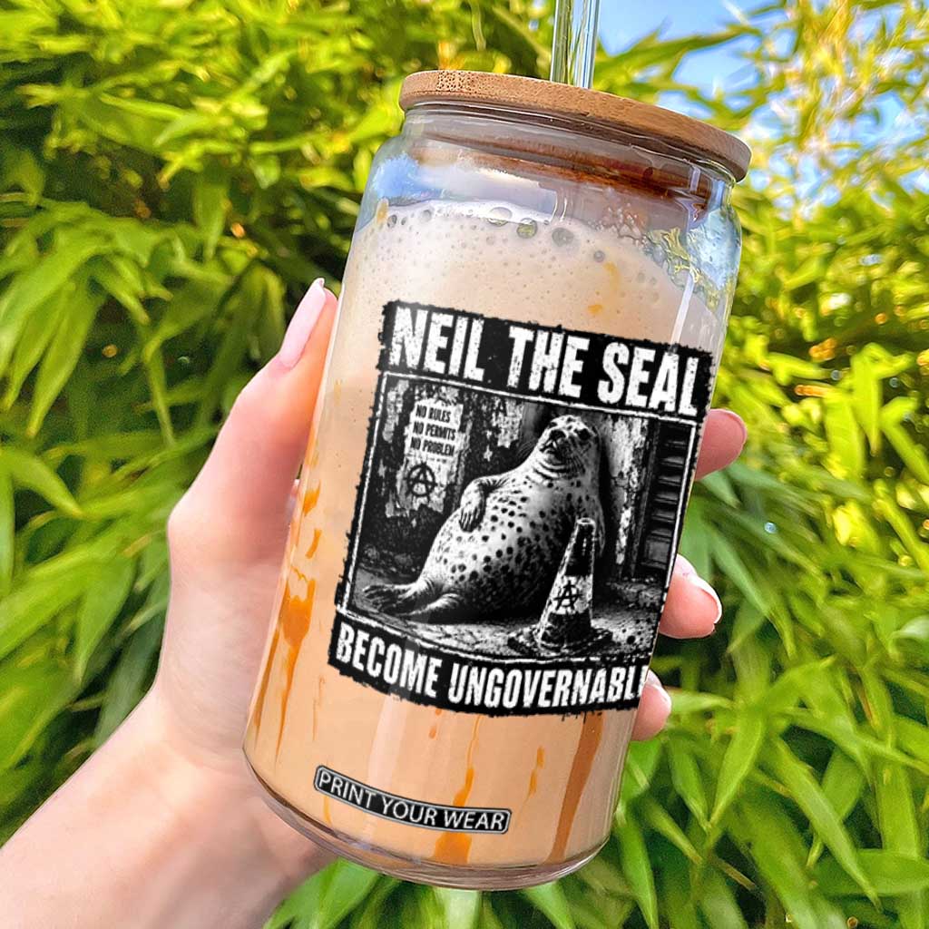 Punk Rock Neil the Seal Become Ungovernable Poster Style Glass Can Funny Viral Chaotic Elephant Seal Traffic Cone Meme TS02 Black Print Your Wear
