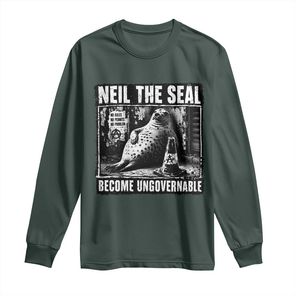 Punk Rock Neil the Seal Become Ungovernable Poster Style Long Sleeve Shirt Funny Viral Chaotic Elephant Seal Traffic Cone Meme TS02 Dark Forest Green Print Your Wear