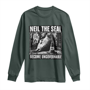 Punk Rock Neil the Seal Become Ungovernable Poster Style Long Sleeve Shirt Funny Viral Chaotic Elephant Seal Traffic Cone Meme TS02 Dark Forest Green Print Your Wear