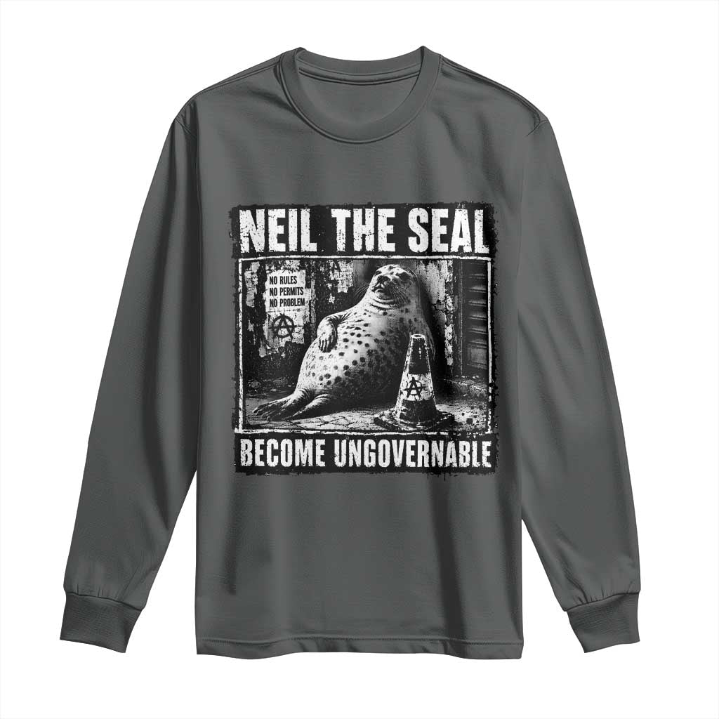 Punk Rock Neil the Seal Become Ungovernable Poster Style Long Sleeve Shirt Funny Viral Chaotic Elephant Seal Traffic Cone Meme TS02 Dark Heather Print Your Wear