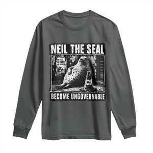 Punk Rock Neil the Seal Become Ungovernable Poster Style Long Sleeve Shirt Funny Viral Chaotic Elephant Seal Traffic Cone Meme TS02 Dark Heather Print Your Wear