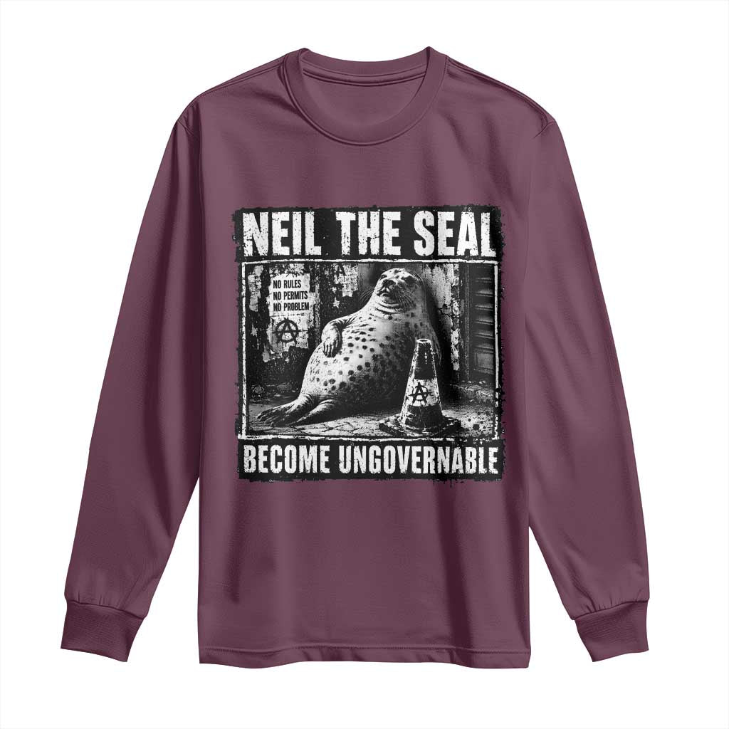Punk Rock Neil the Seal Become Ungovernable Poster Style Long Sleeve Shirt Funny Viral Chaotic Elephant Seal Traffic Cone Meme TS02 Maroon Print Your Wear