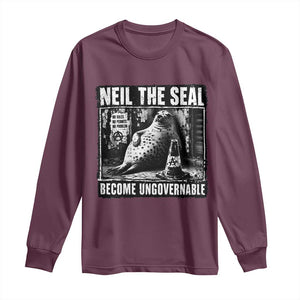 Punk Rock Neil the Seal Become Ungovernable Poster Style Long Sleeve Shirt Funny Viral Chaotic Elephant Seal Traffic Cone Meme TS02 Maroon Print Your Wear