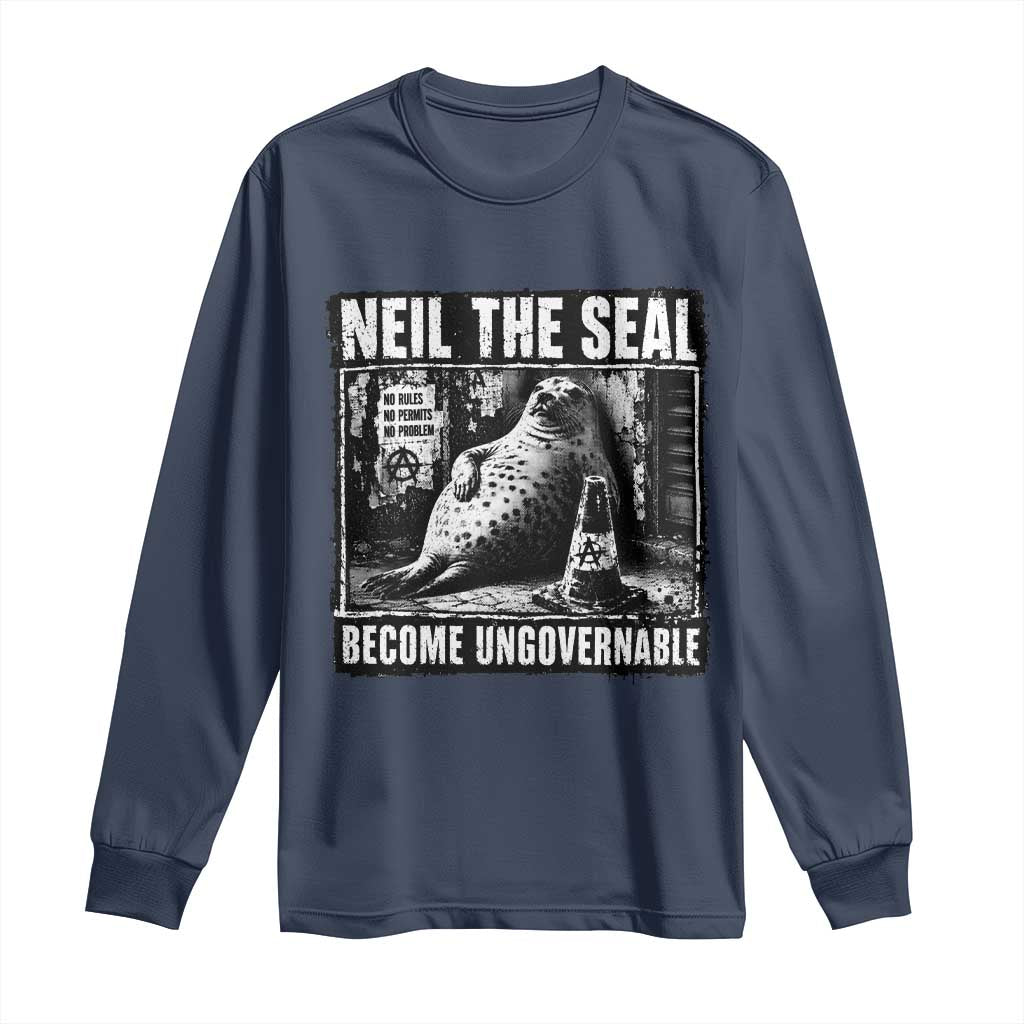 Punk Rock Neil the Seal Become Ungovernable Poster Style Long Sleeve Shirt Funny Viral Chaotic Elephant Seal Traffic Cone Meme TS02 Navy Print Your Wear