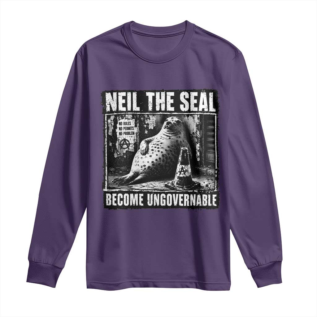 Punk Rock Neil the Seal Become Ungovernable Poster Style Long Sleeve Shirt Funny Viral Chaotic Elephant Seal Traffic Cone Meme TS02 Purple Print Your Wear