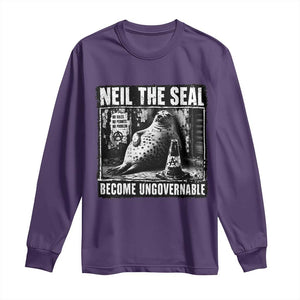 Punk Rock Neil the Seal Become Ungovernable Poster Style Long Sleeve Shirt Funny Viral Chaotic Elephant Seal Traffic Cone Meme TS02 Purple Print Your Wear