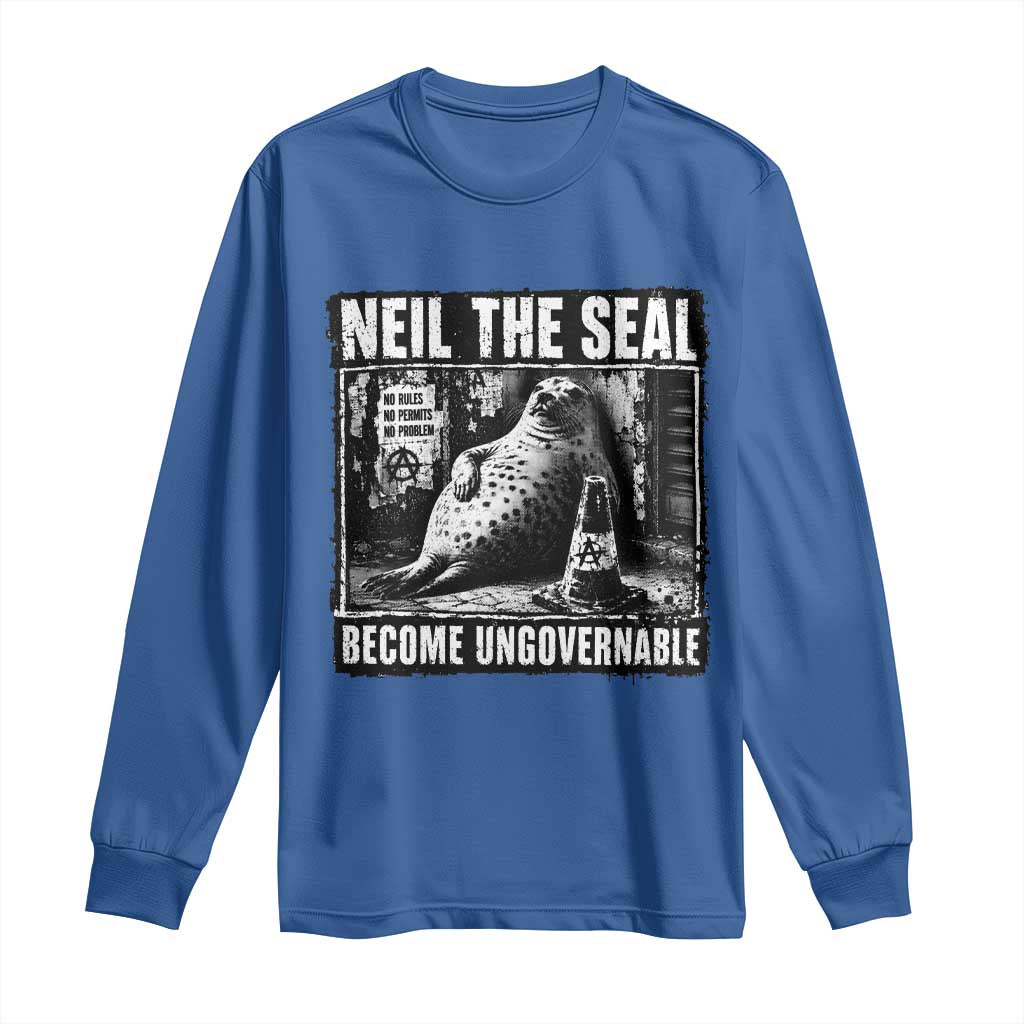 Punk Rock Neil the Seal Become Ungovernable Poster Style Long Sleeve Shirt Funny Viral Chaotic Elephant Seal Traffic Cone Meme TS02 Royal Blue Print Your Wear