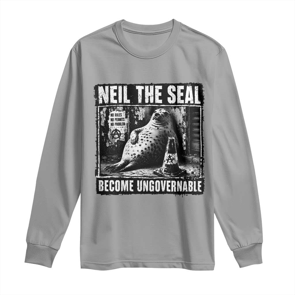 Punk Rock Neil the Seal Become Ungovernable Poster Style Long Sleeve Shirt Funny Viral Chaotic Elephant Seal Traffic Cone Meme TS02 Sport Gray Print Your Wear