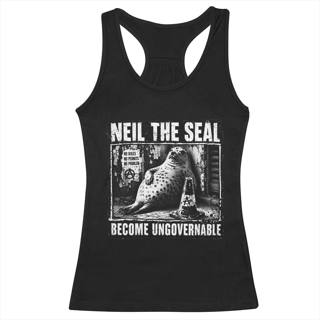 Punk Rock Neil the Seal Become Ungovernable Poster Style Racerback Tank Top Funny Viral Chaotic Elephant Seal Traffic Cone Meme TS02 Black Print Your Wear