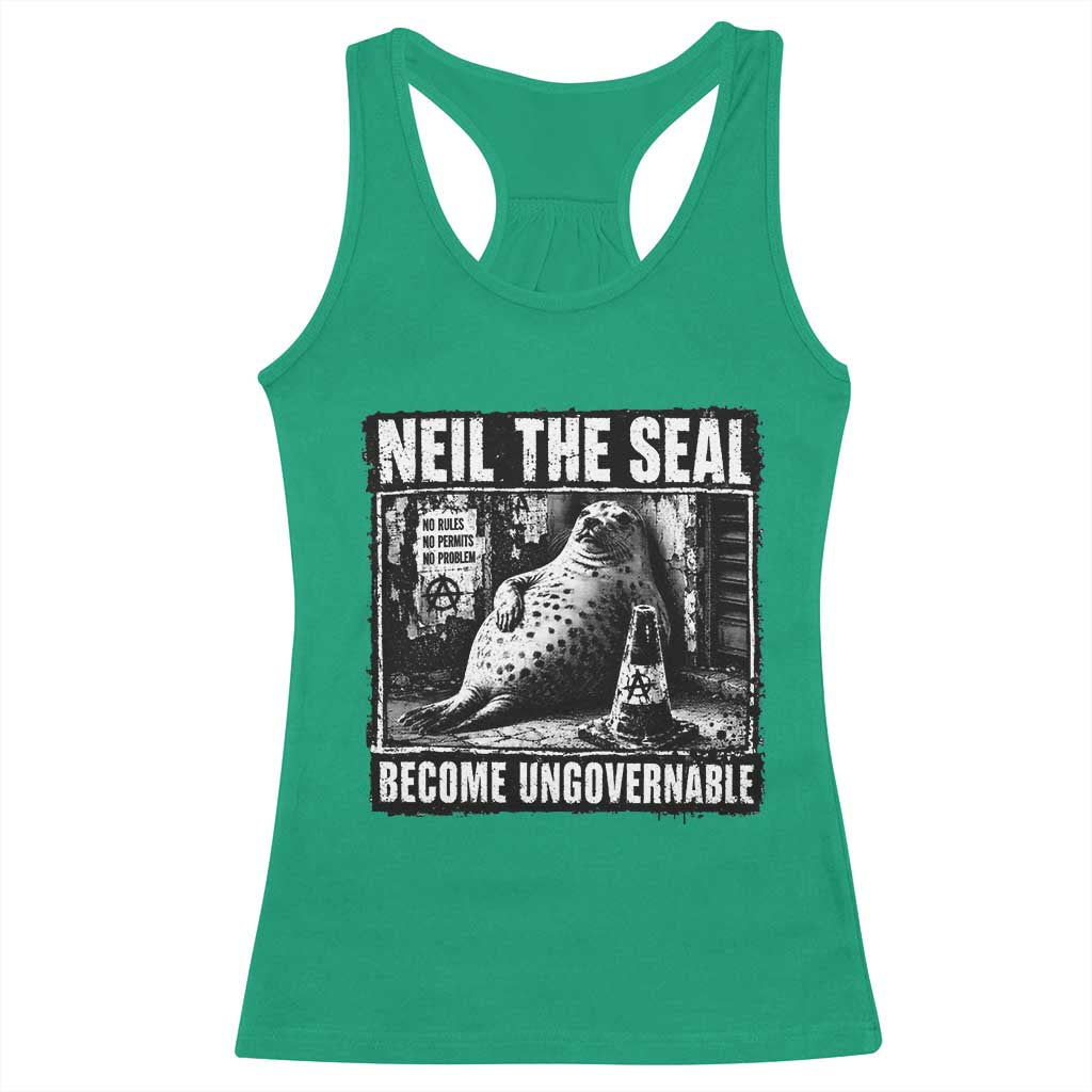 Punk Rock Neil the Seal Become Ungovernable Poster Style Racerback Tank Top Funny Viral Chaotic Elephant Seal Traffic Cone Meme TS02 Irish Green Print Your Wear